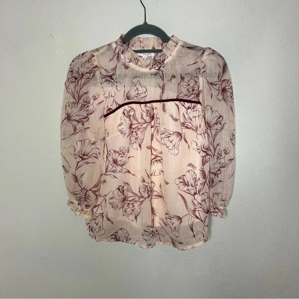 Monteau Semi Sheer Floral Shimmer Blouse Size Small